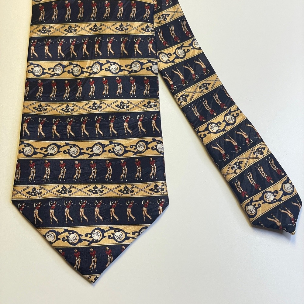 Vintage Museum Artifacts Golf Necktie Men Blue Yellow Silk Striped Sporty Preppy